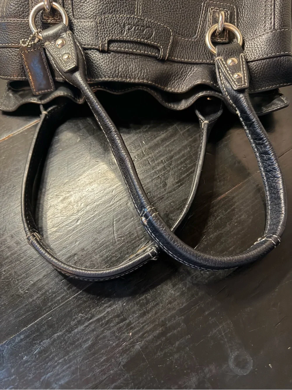 Coach Satchel F14686 Penelope Handbag Ruffled Top Tote Bag Black Pebbled Leather